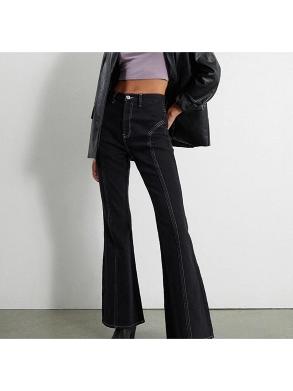 PacSun High Rise Flare Black Jeans With White Stitching Size 22 Womens Casual De